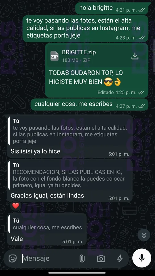 Captura de WhatsApp: cliente agradece por su sesi&oacute;n de fotos